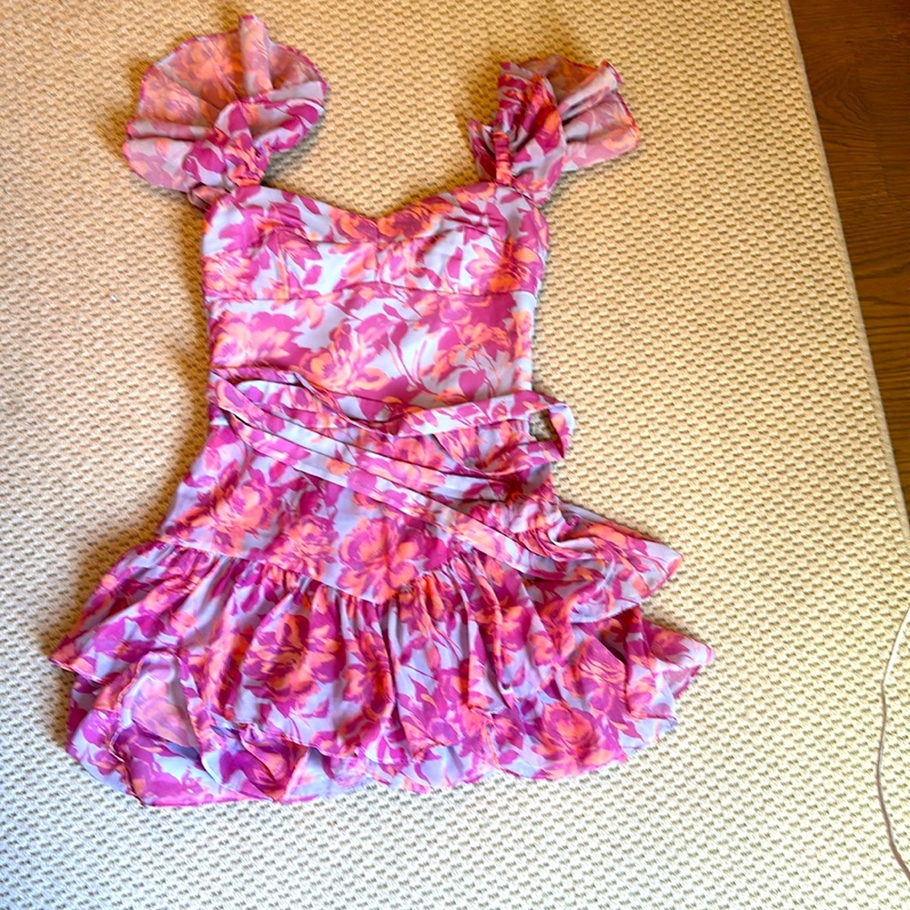 Amanda Uprichard skort romper; pale blue with peach and orchid floral